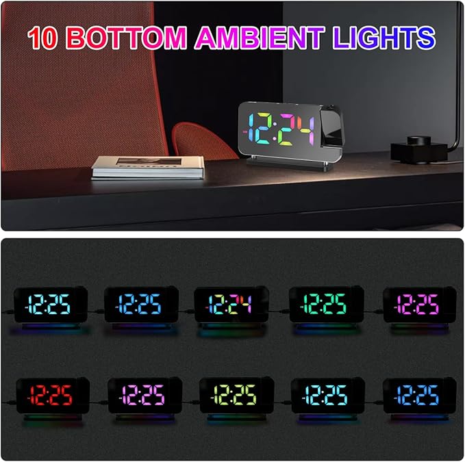 Cabilock Projection Alarm Clock for Bedroom Ceiling, 180° Rotatable Time Projector with 10 Colors RGB Night Light, Digital Led Display Clock with USB Type C Charger Port for Elderly Heavy Sleepers