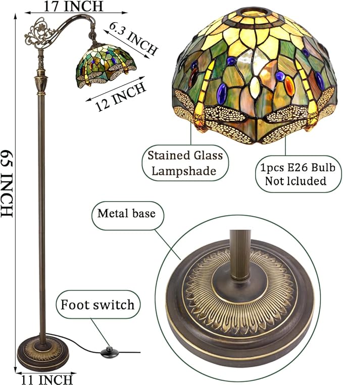 Tiffany Floor Lamp Stained Glass Lamp 18.88X12X67 Inch Angle Adjustable Arched Gooseneck Antique Reading Light (Amber Yellow Dragonfly)