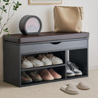 Apicizon Entryway Bench with Shoe Storage, Black, 2-Tier Shoe Rack, Padded Cushion, Wooden Frame