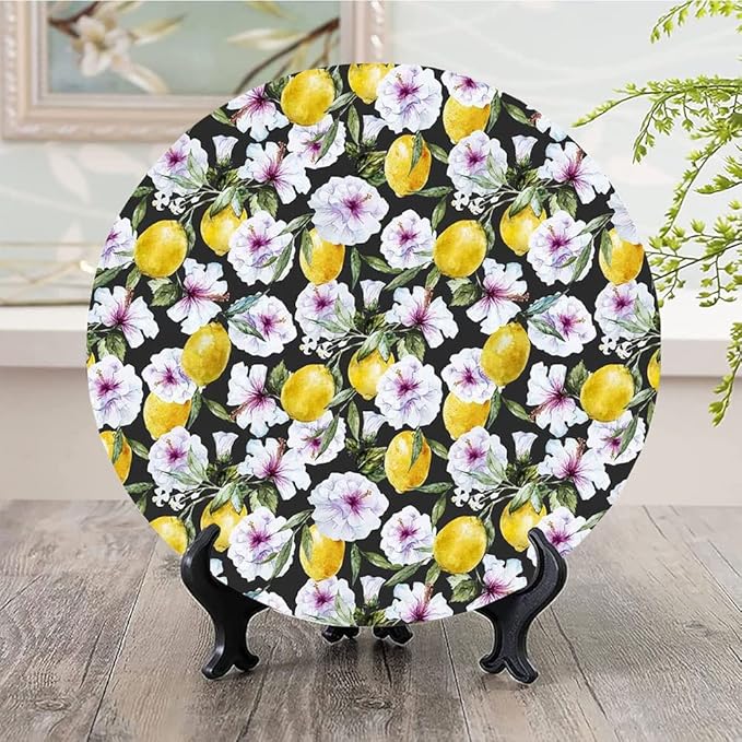 Ceramic Display Plate, Floral Ceramic Hanging Decorative Plate, Tropical Hibiscus Blossoms Petals with Lemons Nature, 7 Inch, Household Custom Ceramic Plate, Multicolor