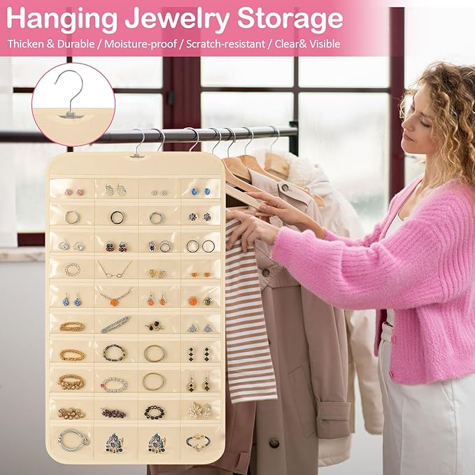 Hanging Jewelry Organizer for Closet with Swiveling Hanger, 17 x 30 In, 80 Clear Pockets Jewelry Organizer Hanging for Jewelries, Earrings, Accessories (Beige) (3, Beige)