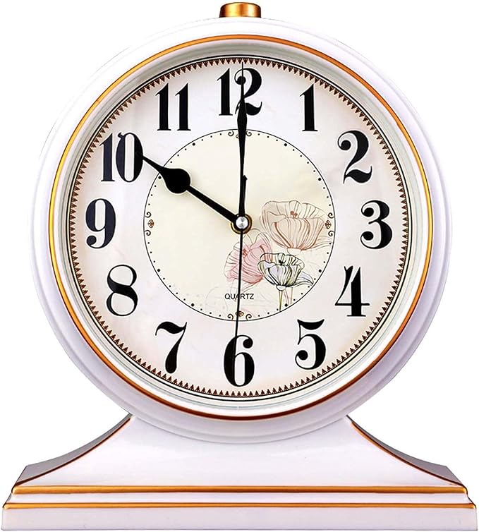 rnuie Desk Clock for Table Decor, Retro Mantel Clock Battery Operated for Fireplace Mantel, Living Room, Bedroom, Office, Desktop Decoration(White)