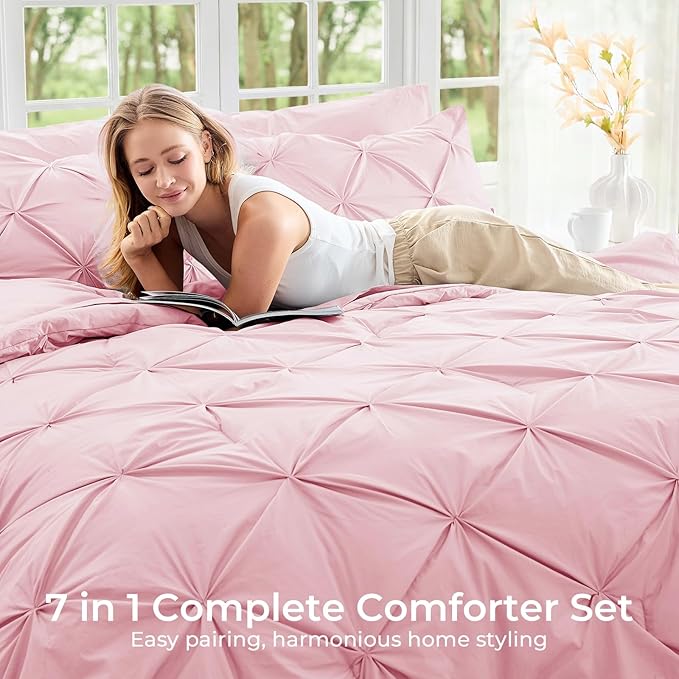 Sasttie King Size Comforter Set, 7-Piece Bed in a Bag, Pintuck Bedding Sets for All Season, Includes Comforter, Flat Sheet, Fitted Sheet, Pillowcases and Pillowshams, Baby Pink