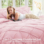 Sasttie California King Comforter Set, 7-Piece Bed in a Bag, Pintuck Bedding Sets for All Season, Includes Comforter, Flat Sheet, Fitted Sheet, Pillowcases and Pillowshams, Baby Pink