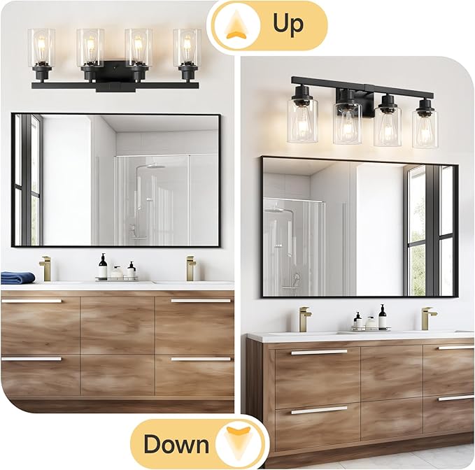 4-Light Bathroom Vanity Light, Modern Matte Black Wall Sconce Lighting with Clear Glass Shade, Bathroom Lighting Fixtures Over Mirror,Vintage Wall Mounted Lamps for Mirror Bedroom,Living Room