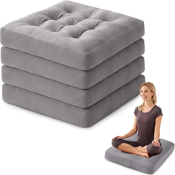 Meditation Floor Pillow Set of 4, Square Large Pillows Seating for Adults, Meditation Cushion Pillow,Tufted Corduroy Cushion for Tatami Living Room or Yoga, Light Gray, 22x22 Inch
