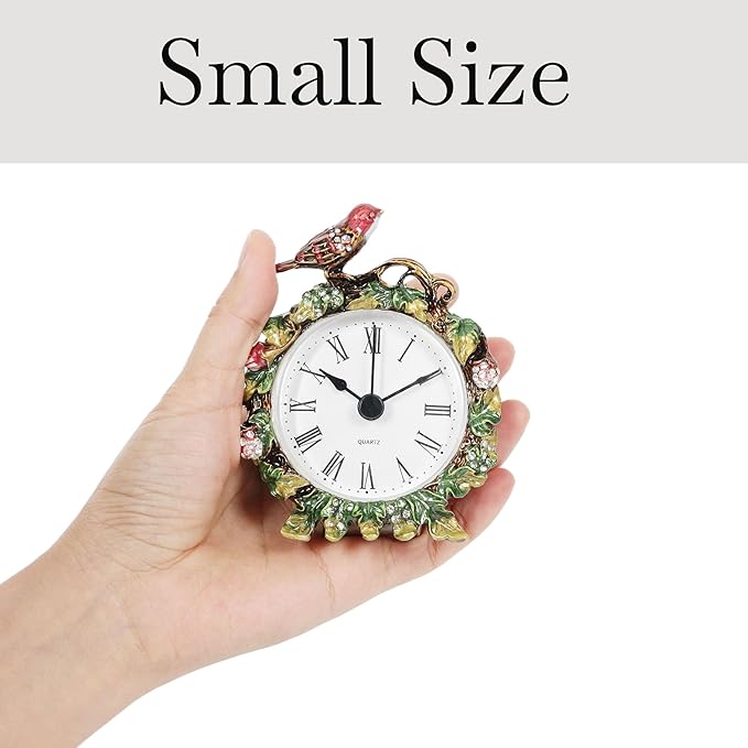 Mini Tabletop Clock, Decorative Vintage Floral Metal Table Clock with Battery Operated for Bedside, Table, Living Room, Home and Office