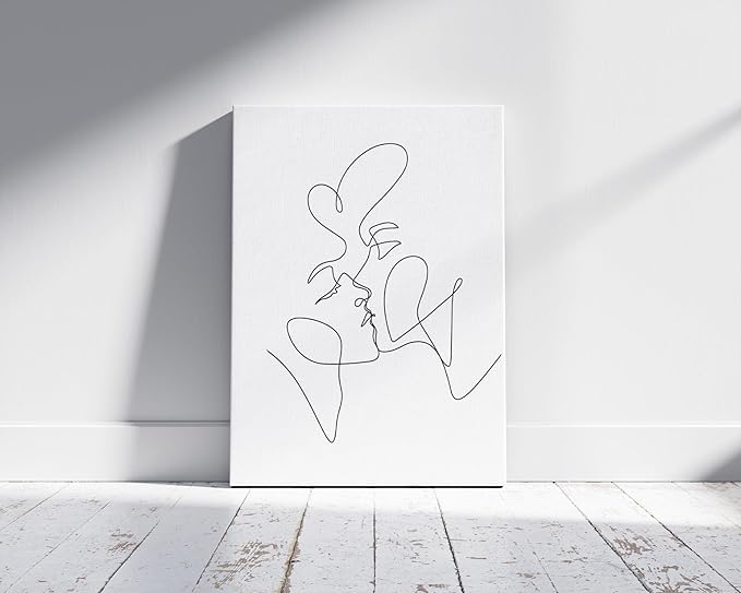 Y2K BOO Kissing Couple Wrapped Canvas Wall Art Romantic Intimacy Continuous Line Drawing 11x14 Inch Gallery Stretched Modern Home Love Art Decor