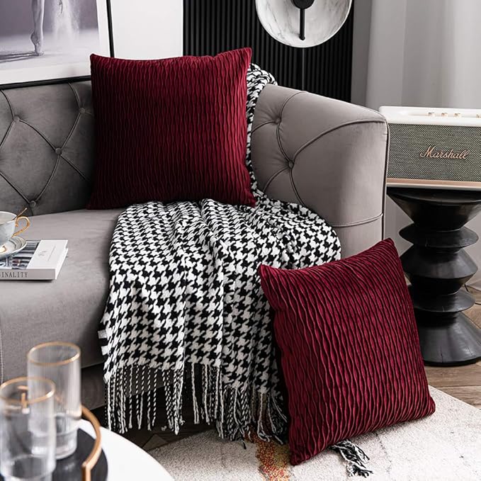 Wine Red Throw Pillow Covers: 2 Pack 22x22 Inch Original Striped Velvet Square Decorative Pillow Cases for Farmhouse Couch