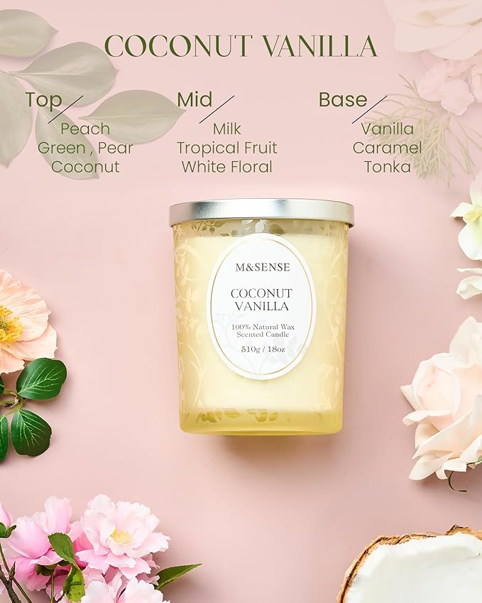 M&SENSE Coconut Vanilla Scented Candle, Cracking Wooden Wick Soy Wax, 18oz 100 Hours Long Lasting Clean Burn, Large Jar Candles for Home Decor, Non-Toxic Relaxing Aromatherapy Gifts for Women