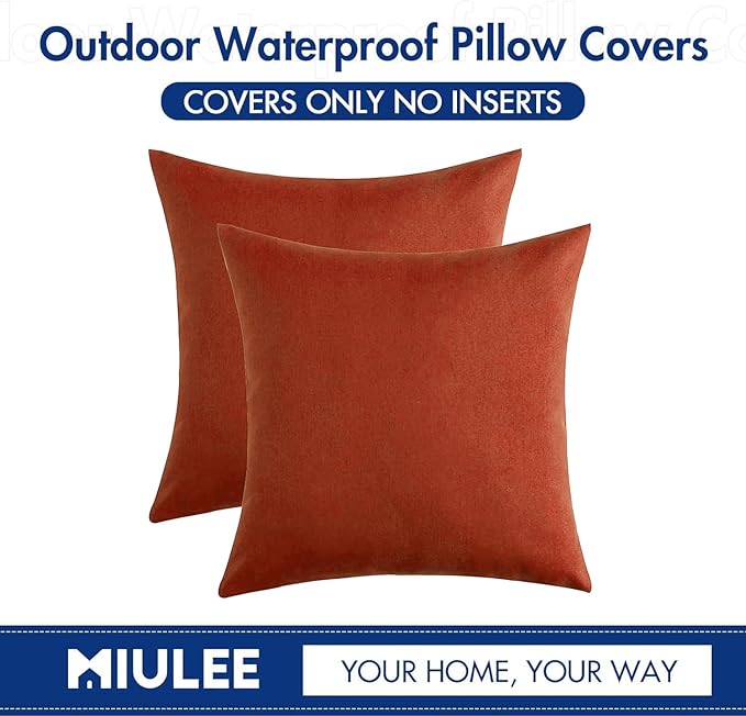 MIULEE Pack of 2 Decorative Outdoor Solid Waterproof Throw Pillow Covers Euro Sham Faux Linen Garden Farmhouse Cushion Cases for Summer Patio Tent Balcony Couch Sofa 22x22 Inch Burnt Orange