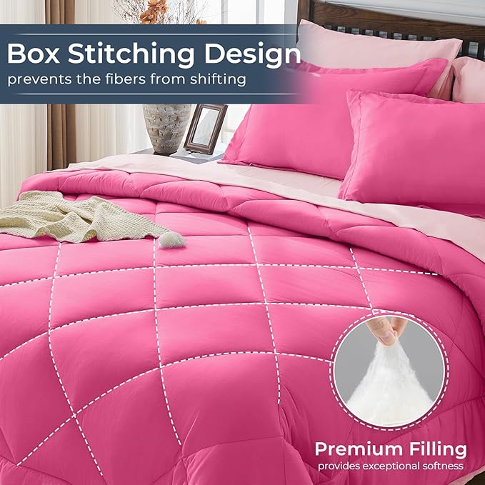 HEVUMYI Hot Pink & Baby Pink Queen Comforter Set - 7-Piece All Season Bed in a Bag Queen, Ultra Soft Bedding Set with Comforter, Flat Sheet, Fitted Sheet, Pillowcases, Pillow Shams