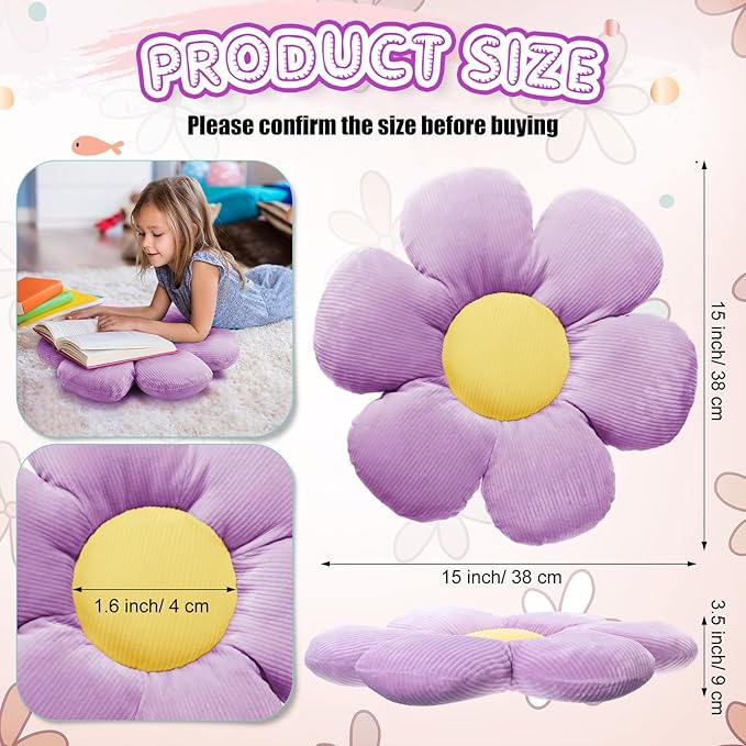 Reginary 4 Pcs Flower Floor Pillows Cute Plush Flower Throw Pillows Daisy Floor Seat Cushion Chair Pads for Back to School First Day of School for Sofa Couch Bed Decor(15 Inch,Black, White, Purple)