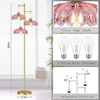 Gold Floor Lamp for Living Room,Modern Floor Lamps with Unique Pink Glass Shades,3 Lights Mid Century Tall Standing Lamp,Vintage Tree Flower Floor Lamp for Bedroom Corner Office Reading