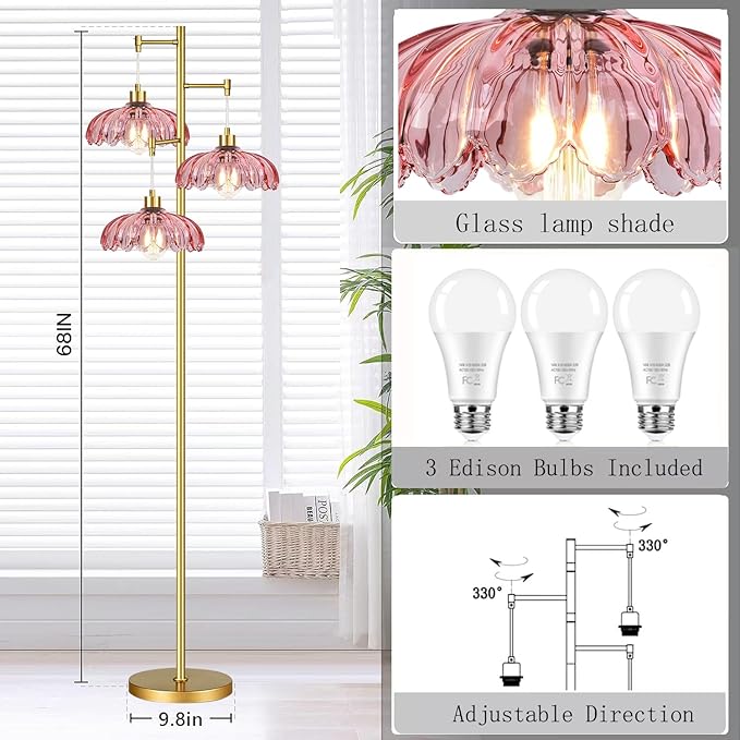 Gold Floor Lamp for Living Room,Modern Floor Lamps with Unique Pink Glass Shades,3 Lights Mid Century Tall Standing Lamp,Vintage Tree Flower Floor Lamp for Bedroom Corner Office Reading