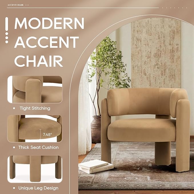 COLAMY Modern Accent Chair, Velvet Accent Chairs, Upholstered Barrel Chairs with Solid Wood Legs, Comfy Side Chair for Living Room, Bedroom, Reading, Cozy Reading Chair,Khaki