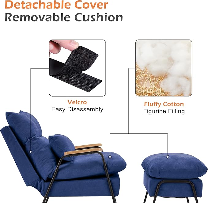 MCombo Accent Recliner Chair with Ottoman, Modern Fabric Armchair, Upholstered Sofa Bed for Living Room Bedroom, Small Space 4055 (Black Frame, Blue)