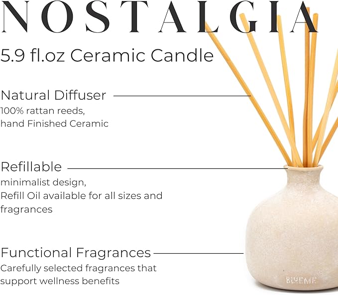 Blueme Nostalgia Diffuser | Bergamot & Musk | 5.92 Fl Oz - Refillable Wellness Diffuser, Contains Essential Oil, Sustainable, Hand Finished, Premium, Luxury Ceramic, Natural Rattan Reeds, | Small