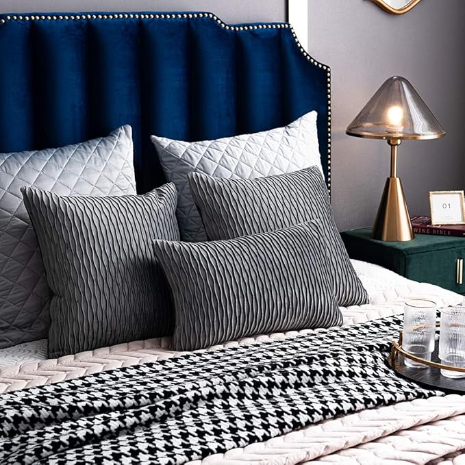 Grey Striped Decorative Pillow Cases: 2 Pack 12x20 Inch Original Velvet Rectangular Throw Pillow Covers for Farmhouse Couch