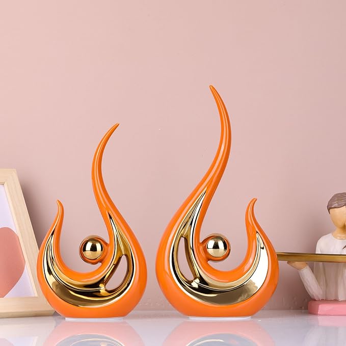 XMGZQ 2pcs Orange and Gold Modern Abstract Art Statue Table Decoration,Elegantes Ceramic Statue for Home Décor Accent,Mantel,Bookshelf,Centerpiece Table Decorations for Dining Room,adornos para sala