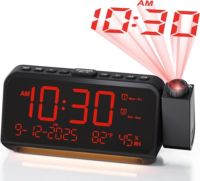 Roxicosly Projection Alarm Clock for Bedroom Ceiling, 118 dB Super Loud for Heavy Sleepers, 6.7" Large Digital Dimmable Display with Day Date Indoor Temp Humidity, Dual Alarms Adjustable Volume
