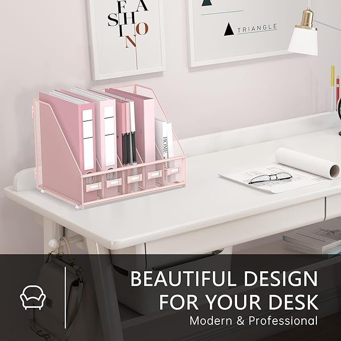 DALTACK Desk Organizers Metal Magazine File Holder with 5 Vertical Compartments Folder Storage Binder Organizer for Office Home School Organization, Pink Plus
