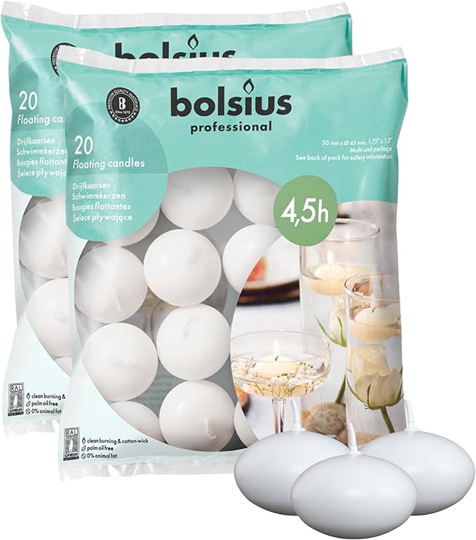 Bolsius Unscented Floating Candles – Set of 20 White Floating Candles – Cute and Elegant Burning Candles – Candles with Nice and Smooth Flame – Party Accessories (Two Pack)