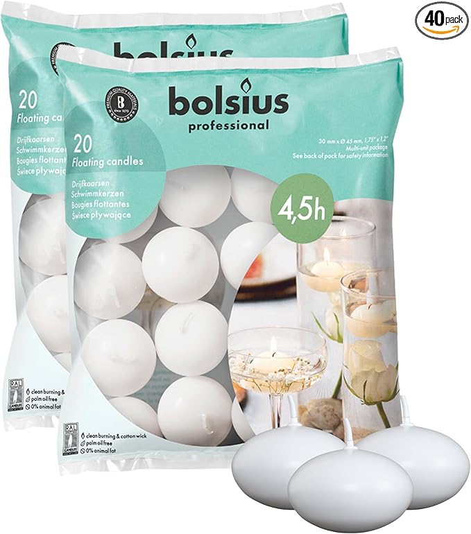 Bolsius Unscented 1.75" Floating Candles – Set of 40 White Floating Candles – Cute and Elegant Burning Candles – Candles with Nice and Smooth Flame – Party Accessories