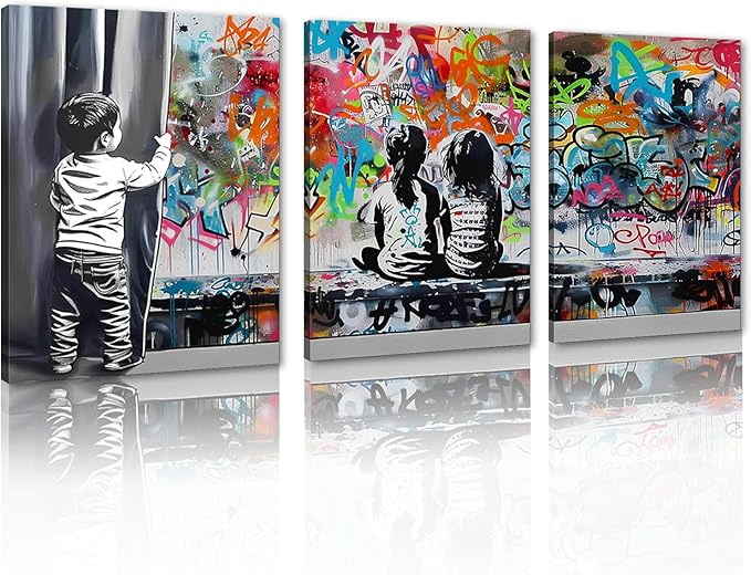 Novatique Street Graffiti Wall Art Banksy Canvas Wall Art Street Art Graffiti Painting Print Colorful Pop Art Wall Decor for Living Room Bedroom,12" x 16" x 3Pcs