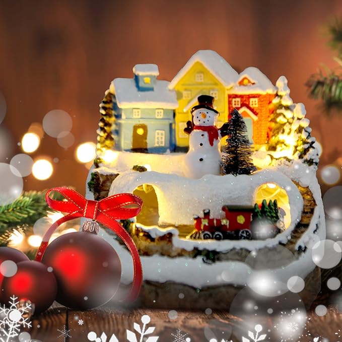 Christmas Collectibles Building Village House Musical Snow Globe Resin Figurines with 8 Music Snowman, Christmas Train Come with Xmas Gift