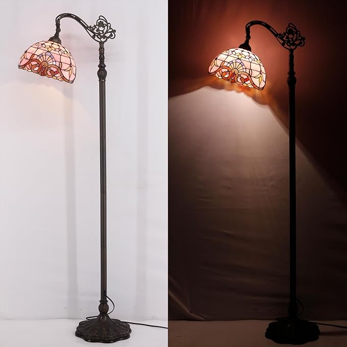 WERFACTORY Tiffany Floor Lamp Pink Baroque Stained Glass Arched Lamp 12X18X64 Inches Gooseneck Adjustable Corner Standing Reading Light Decor Bedroom Living Room S003P Series