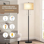 Luvkczc Floor Lamp, 60" Standing Lamp Tall Lamp with Fabric Lampshade&Pull Chain Corner Floor Lamps for Living Room, Bedroom,Office Corner (Black 2 Bulb Socket)