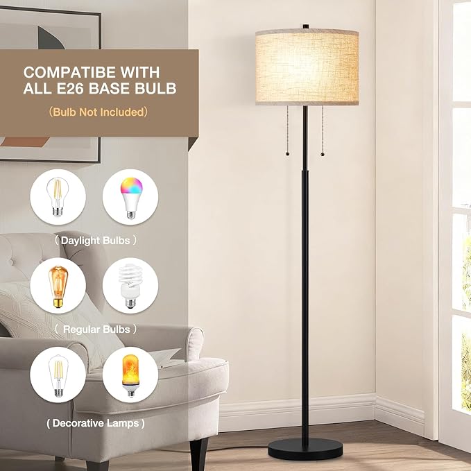 Luvkczc Floor Lamp, 60" Standing Lamp Tall Lamp with Fabric Lampshade&Pull Chain Corner Floor Lamps for Living Room, Bedroom,Office Corner (Black 2 Bulb Socket)