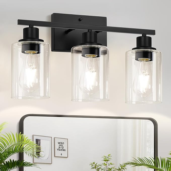 3-Light Bathroom Light Fixtures, Vanity Light with Clear Glass Shades, Matte Black Bathroom Light Fixtures Over Mirror, Modern Bathroom Wall Lamp for Mirror Living Room Cabinet Bedroom