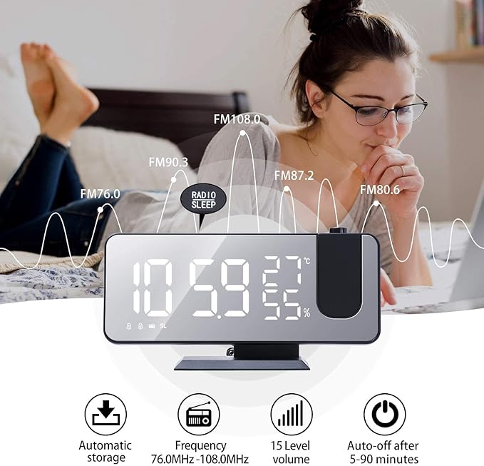 Projection Alarm Clock for Bedroom Ceiling Digital Clock Radio with USB Charger Ports 180° Rotatable Projector, 12/24H,Snooze,Dual Loud Alarm Clock (Black)