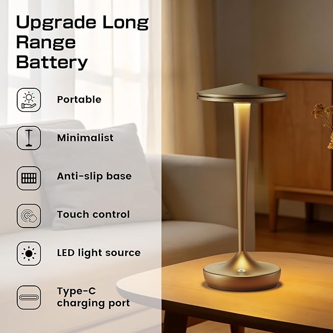 Cordless Lamp Rechargeable LED Table Light,48Hrs Battery Operated Table Lamp,Potable Lamp with Stepless Dimming and Waterproof Lamp for Kitchen,Dining,Shower,Outdoor Patio,Camping (1Pbronze)