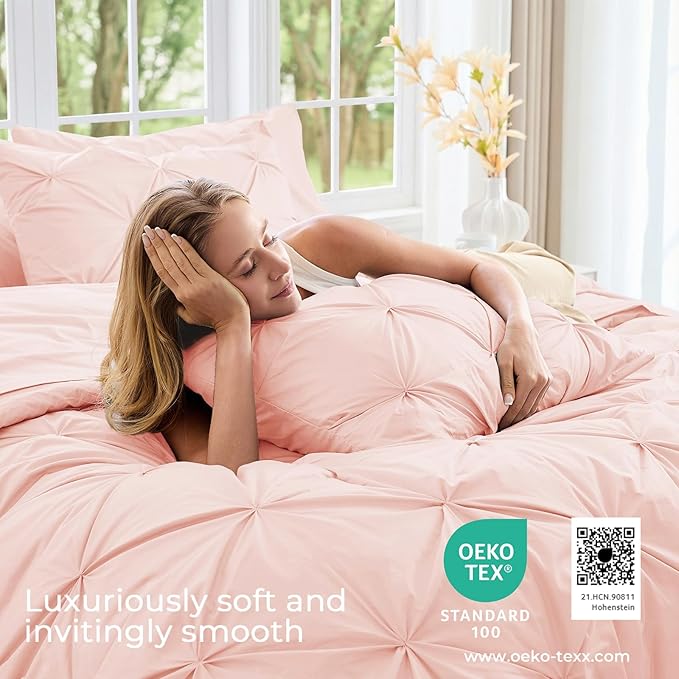 Sasttie Twin Comforter Set, 5-Piece Bed in a Bag, Pintuck Bedding Sets for All Season, Includes Comforter, Flat Sheet, Fitted Sheet, Pillowcase and Pillowsham, Blush Pink