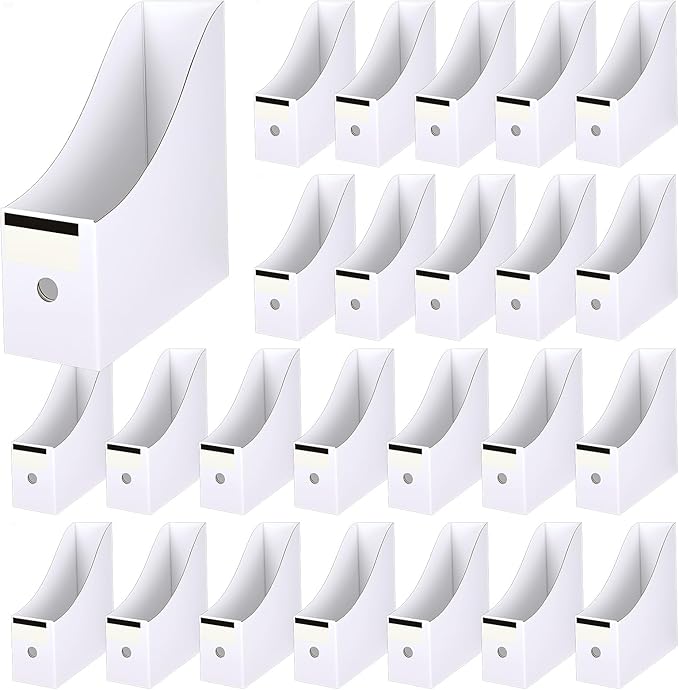 25 Pcs Cardboard Magazine File Holders Magazine Book Bin Box with Label Sticker Paper Organizer Storage Folder for Desk Shelves School Classroom Office Supplies(Classic,White)