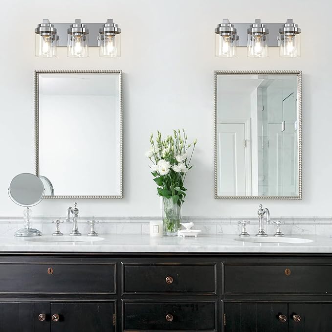 Bathroom Vanity Light, 3 Light Bathroom Light Fixtures with Clear Glass Shade, Polished Chrome Vanity Light Fixtures Over Mirror for Bedroom Living Room,E26