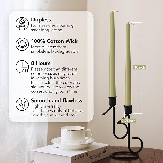 New Burning Formula Unscented Dripless 10-Inch Taper Candles Set of 12 - Sage Green, for Wedding, Dinner - Smokeless, Long Burning - Hand Poured, Colored Tall Candlesticks - Verde Salvia