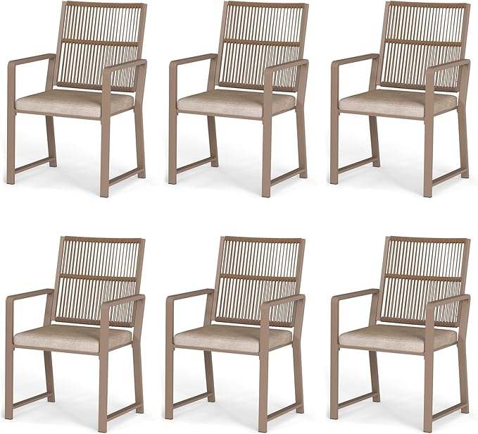 Aluminum Outdoor Patio Dining Chairs - Imitation Rope Vine Chair Ergonomic Backrest Design Detachable Seat Cushion Soft and Breathable Garden Porch Light Brown Set of 6
