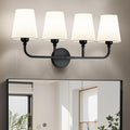 Kvhilw Bathroom Vanity Light, Matte Black Bathroom Light Fixtures, 4-Light Lighting Fixtures Over Miror, Modern Wall Sconce with Flared White Fabric Shade, E26 Socket(ETL Listed)