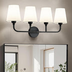 Kvhilw Bathroom Vanity Light, Matte Black Bathroom Light Fixtures, 4-Light Lighting Fixtures Over Miror, Modern Wall Sconce with Flared White Fabric Shade, E26 Socket(ETL Listed)
