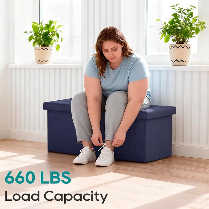 FDW 30 Inches Folding Storage Ottoman Bench, End of Bed Foot Rest Stools Ottoman Storage Chest, Holds up to 660 lb, for Entryway, Living Room, Bedroom, Blue