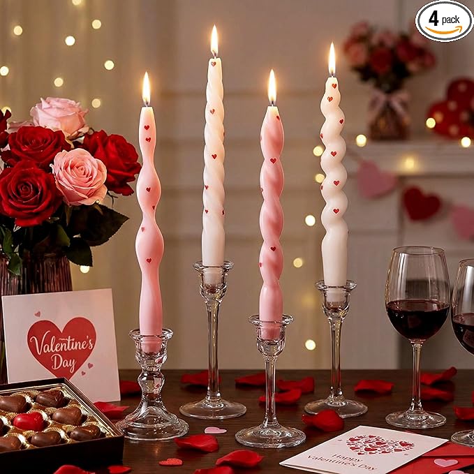 Nuanchu 4 Pcs 7.87 Inch Twisted Taper Candles Wax Unscented Smokeless Spiral Swirl Candlesticks for Wedding Holiday Dinner Party Home Decorations (Pink White,Heart)