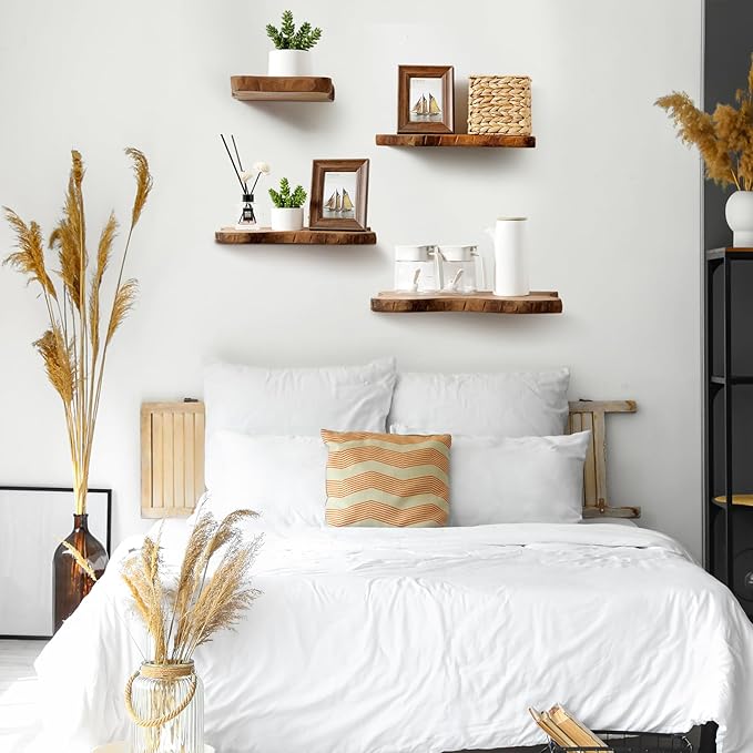 Pinkunn 4 Pcs Floating Shelves for Wall Wooden Live Edge Shelf Wall-Mounted Natural Solid Wood Bedroom Kitchen Storage Living Room Nursery Decor(4 Pcs,23.62/15.75/7.8 Inch)