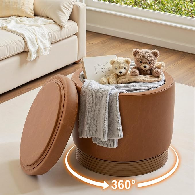 Round Storage Ottoman,Brown Swivel Vanity Stool-Smooth Faux Leather Foot Rest,Footstool Pouf with Sturdy Acacia Wood Frame(500lbs), Hidden Storage Ottoman for Living Room Assembled