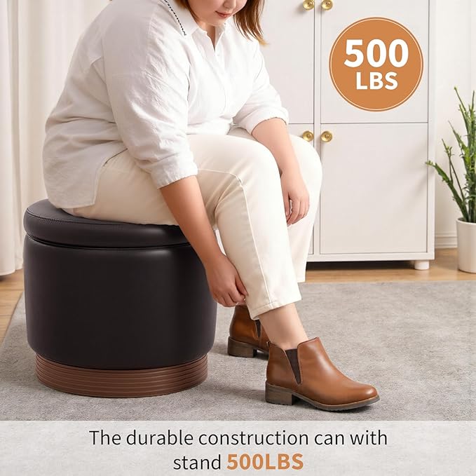 Round Storage Ottoman,Dark Brown Swivel Vanity Stool-Smooth Faux Leather Foot Rest,Footstool Pouf with Sturdy Acacia Wood Frame(500lbs),Hidden Storage Ottoman for Living Room Assembled