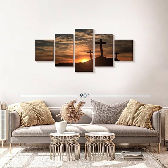 Elephant Stock Cross Silhouettes Wall Art Multi Piece Canvas - 5 Panel Christian Pictures Decor - Digital Design Canvas Print - Christian Wall Decor - 68" X 30"