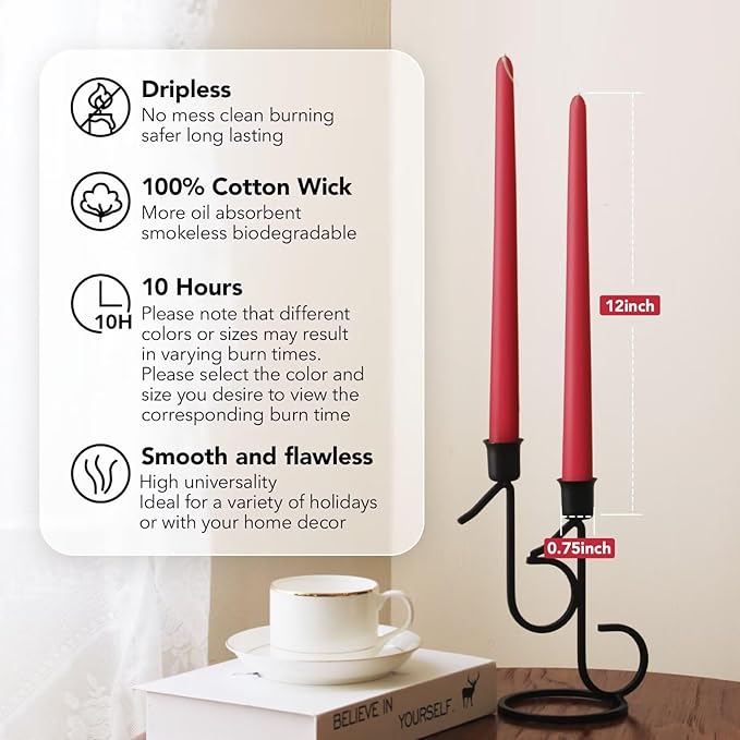 New Burning Formula Unscented Dripless 12-Inch Taper Candles Set of 12 - Red, for Wedding, Dinner - Smokeless, Long Burning - Hand Poured, Colored Tall Candlesticks - Rojo
